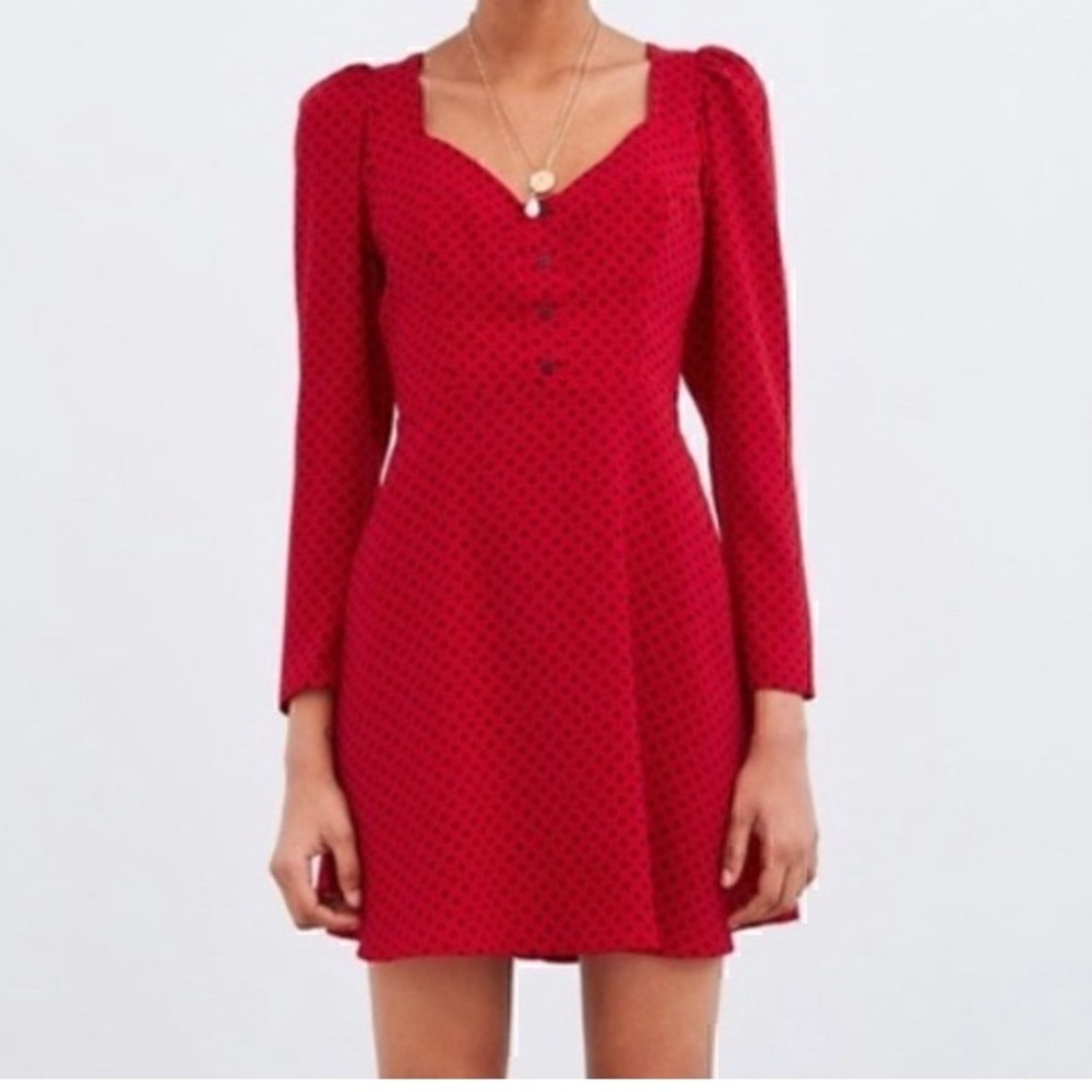 Zara Red/Black Polka Dot Smocked ‎ Dress XSmall Retro Playful Casual Cute